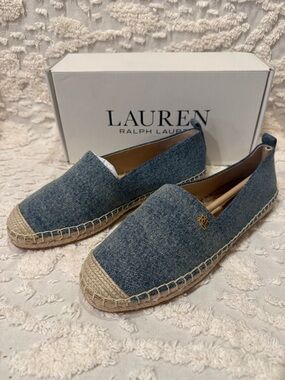 Lauren Ralph Lauren Denim-Style Espadrille Flats in Blue and Tan #623